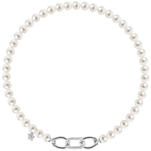 Pearl necklace with a silver clasp on a white background
