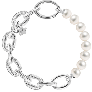 Silver chain bracelet with a star charm and pearl bracelet on a white background