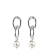 Silver earrings with pearl drops on a white background