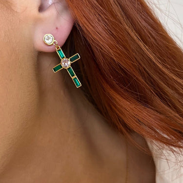 Rebecca Judith Gold Drop Jewelled Cross Earring & Stud - Emerald Green