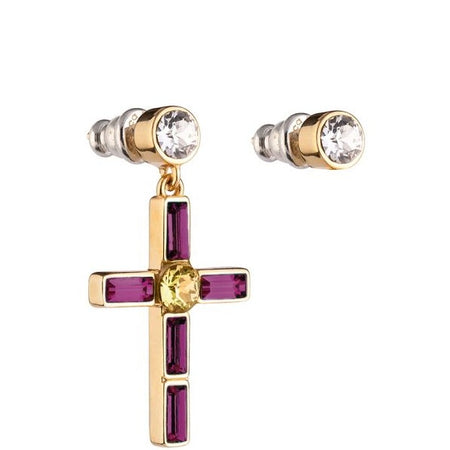 Rebecca Judith Gold Drop Jewelled Cross Earring & Stud - Purple