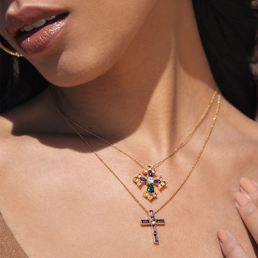 Rebecca Judith Gold Jewelled Gothic Cross Necklace