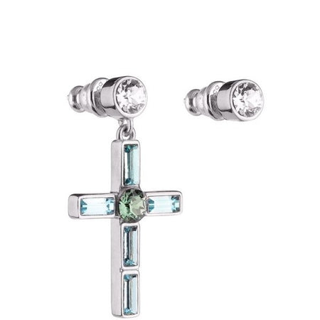 Rebecca Judith Silver Drop Jewelled Cross Earring & Stud - Turquoise