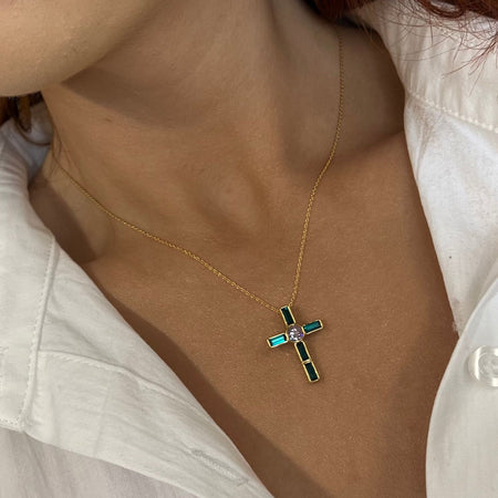 Rebecca Judith Silver Jewelled Cross Necklace - Emerald Green