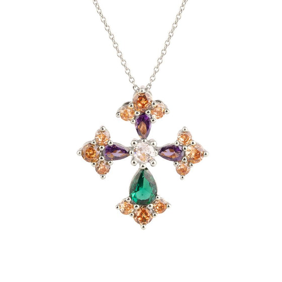 Rebecca Judith Silver Jewelled Gothic Cross Necklace