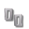 A pair of silver-toned rectangular post earrings with a central oval cutout, shown on a clean white background.