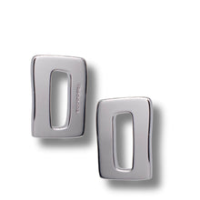 A pair of silver-toned rectangular post earrings with a central oval cutout, shown on a clean white background.
