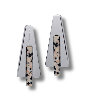 Pair of silver earrings with speckled design on a white background
