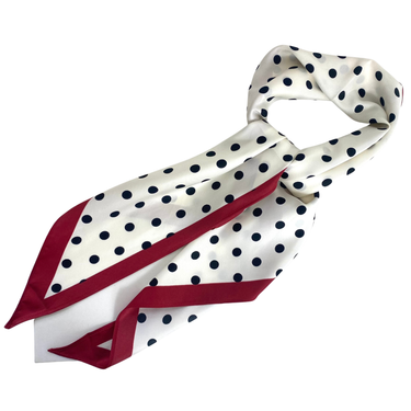Polka dot scarf with red border on a white background