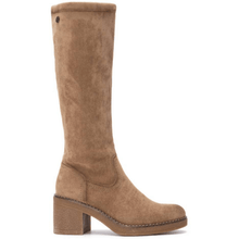 Brown suede knee-high boot on a white background