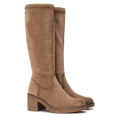 Pair of brown knee-high boots on a white background
