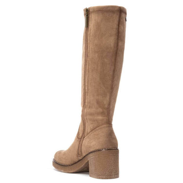 Tan knee-high boot on a white background