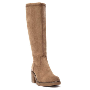 Tan knee-high boot on a white background