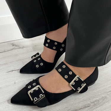 ladies black pointed toe flats with silver buckles