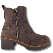 A dark brown suede ankle boot with a side zipper, a chunky dark brown block heel, and a tan welt, shown against a plain white background.