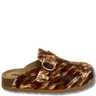 flat slip on brown mules with buckle and cork footbed 