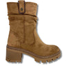Pale brown suede ankle boot with a chunky block heel, rugged lug sole, and a decorative pull tab at the collar, shown against a plain white background.