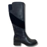 A single knee-high leather boot in black with contrasting dark navy velvet panels on the side, shown from a side profile against a white background.