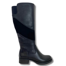 A single knee-high leather boot in black with contrasting dark navy velvet panels on the side, shown from a side profile against a white background.