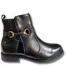 A black leather ankle boot with a decorative strap and gold buckle detail on the side, shown against a plain white background.