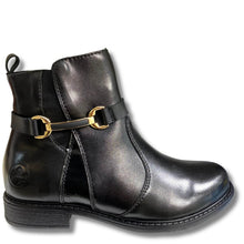 A black leather ankle boot with a decorative strap and gold buckle detail on the side, shown against a plain white background.