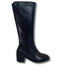 A single black leather knee-high boot with a low block heel, shown from a side profile against a white background.