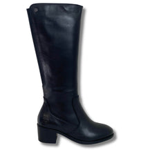 A single black leather knee-high boot with a low block heel, shown from a side profile against a white background.