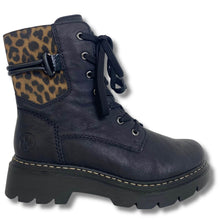 A black leather lace-up boot with a leopard print fabric cuff and a black rubber sole, shown against a plain white background.