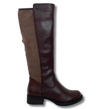 A single knee-high riding boot in dark brown leather with a brown and beige houndstooth patterned side panel, shown from a side profile on a white background.