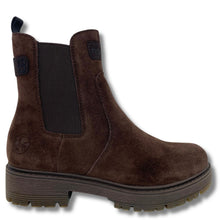 A dark brown suede Chelsea-style ankle boot with black elastic side panels and a chunky brown sole, shown from a side profile on a white background.