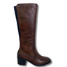 A brown leather knee-high boot with a black block heel and a dark navy inner lining, shown from a side profile on a white background.