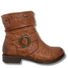 A brown leather ankle boot with a rolled cuff, a large round metal buckle detail on the side, and a low stacked heel, shown against a plain white background.