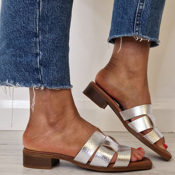 Oh My Sandals Leather Flat Slider Mules - Silver