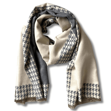 Beige scarf with houndstooth pattern on a white background