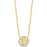 A gold necklace with a circular pendant featuring a triple swirl motif and a border of small clear stones, shown on a plain white background.