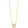 A delicate gold chain necklace featuring a pendant with a yellow gold lotus flower and a halo of small clear stones, set against a plain white background.