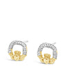 A pair of gold and silver hoop earrings with pavé-set clear stones and a small gold crown detail at the bottom, shown on a plain white background.