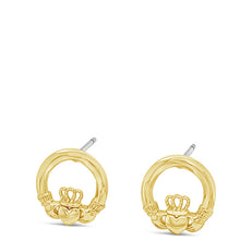 A pair of gold huggie hoop earrings with a small crown motif at the center, shown on a plain white background.