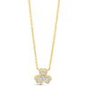 A gold chain necklace with a three-leaf clover pendant, where the center of each leaf is set with a clear round gemstone surrounded by a halo of smaller clear stones, shown on a plain white background.