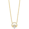 A gold necklace featuring a circular pendant with a central heart-shaped crystal cluster, set against a plain white background.