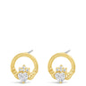 A pair of gold hoop earrings with a central gold and silver-toned shield motif set with clear stones, shown on a plain white background.
