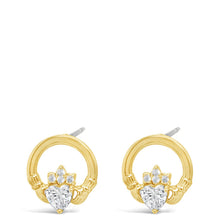 A pair of gold hoop earrings with a central gold and silver-toned shield motif set with clear stones, shown on a plain white background.