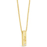 A gold bar pendant necklace with a small clear gemstone and the word 'One' engraved on the front, suspended from a gold chain against a white background.