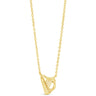 A delicate gold chain necklace featuring a small, stylized harp pendant, shown against a solid white background.