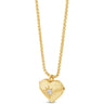 A gold heart-shaped locket pendant necklace with a small clear gemstone in the center, suspended from a gold chain against a plain white background.