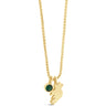 A gold chain necklace featuring a small gold bear silhouette pendant and a round green gemstone charm, displayed on a clean white background.