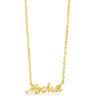 A gold chain necklace with a cursive nameplate reading 'Mochi', shown against a plain white background.