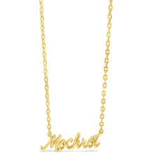 A gold chain necklace with a cursive nameplate reading 'Mochi', shown against a plain white background.