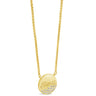 A gold chain necklace with a round gold pendant engraved with the brand name 'Swarovski' and accented with small clear crystals, shown on a plain white background.