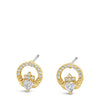 A pair of gold and silver hoop earrings with clear gemstones, displayed on a solid white background.